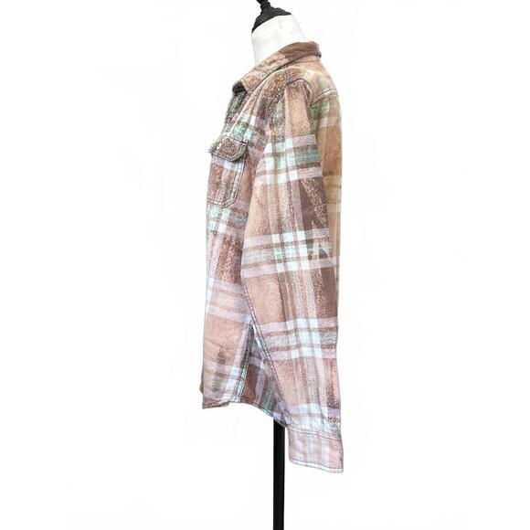 Upcycled Distressed Flannel Brown and Beige Plaid Button-Up Shirt Size Medium - Picture 3 of 8